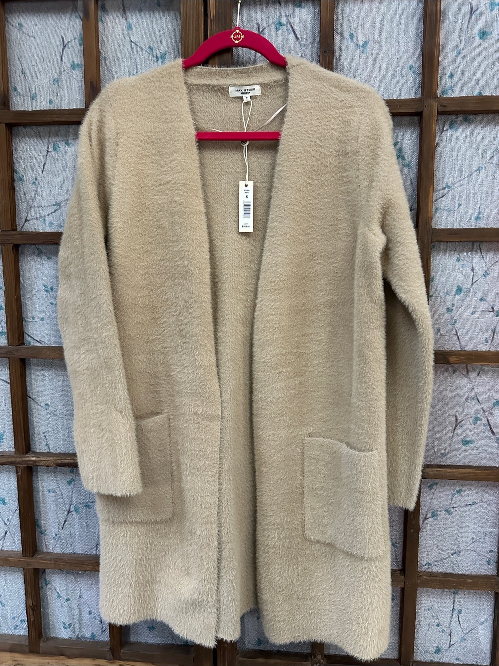 Max Studio Beige Long Fuzzy Open-Front Cardigan
